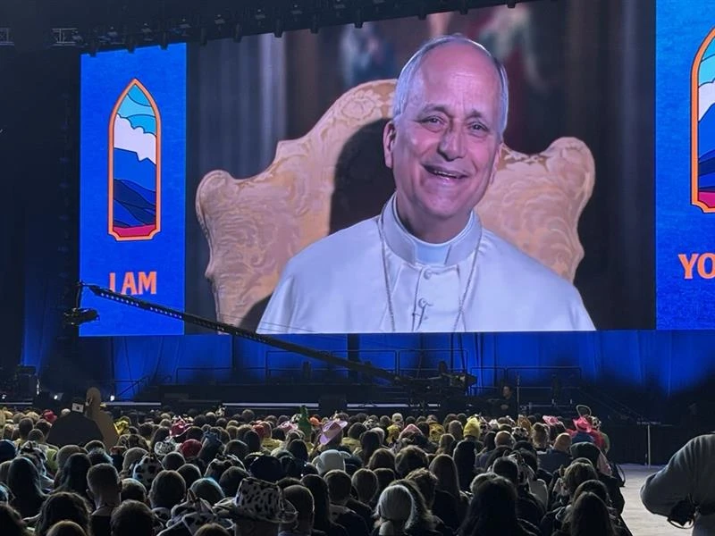 Pope Leo XIV laughs during his dialogue with young people on Nov. 21, 2025, at the National Catholic Youth Conference in Indianapolis. | Credit: Jonah McKeown/National Catholic Register