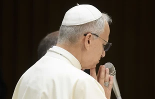 Pope Leo XIV prays during his Wednesday general audience on Aug. 13, 2025, in the Paul VI Audience Hall at the Vatican. Credit: Vatican Media