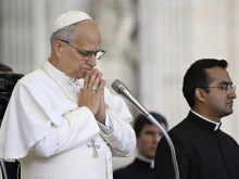 Pope Leo XIV prays during his general audience on Sept. 24, 2025, in St. Peter’s Square at the Vatican.