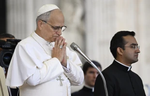 Pope Leo XIV prays during his general audience on Sept. 24, 2025, in St. Peter’s Square at the Vatican. Credit: Vatican Media