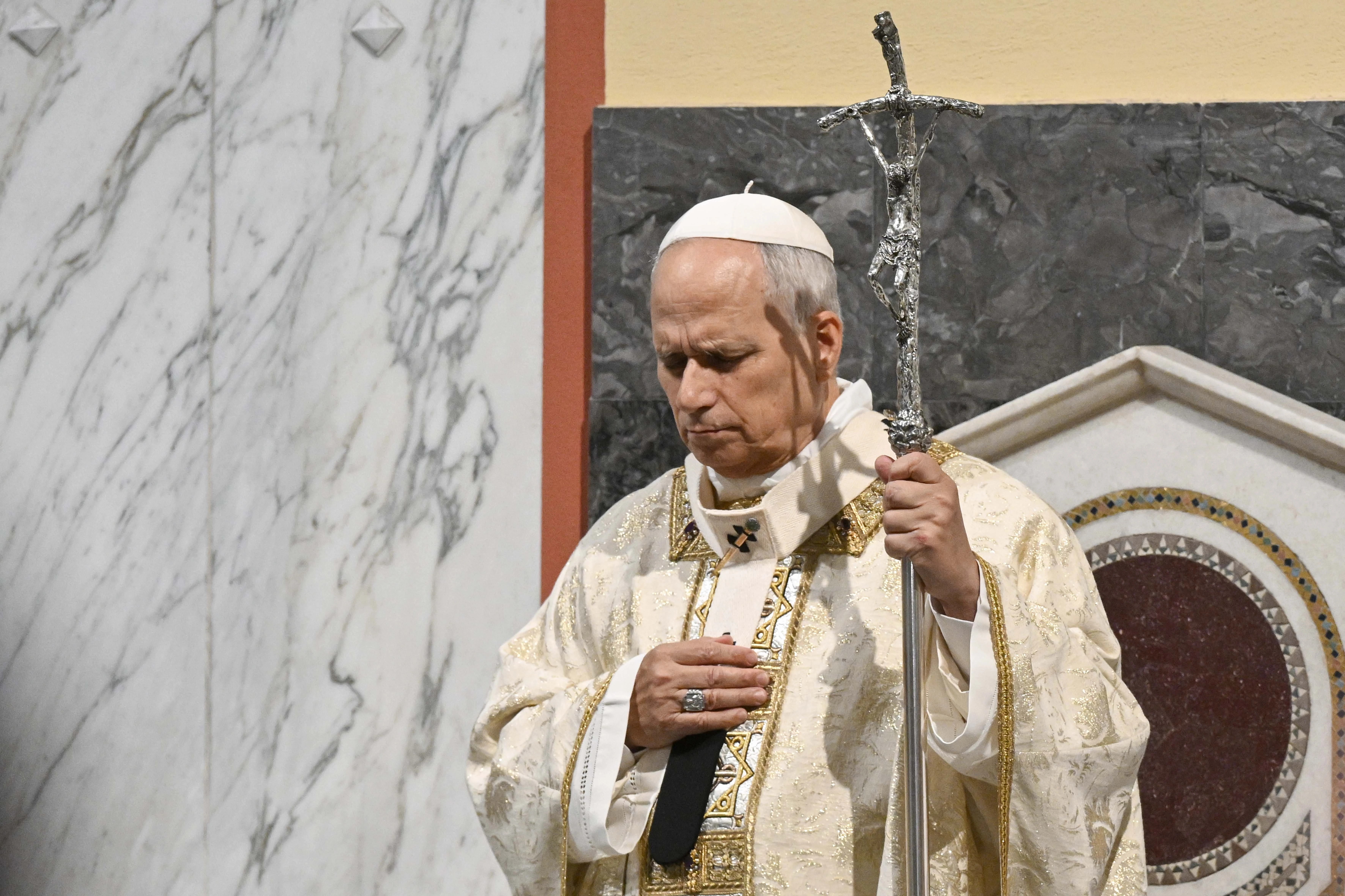 Pope Leo XIV prays during a Mass at Sant’Anselmo Church, located at a Benedictine monastery on the Aventine Hill in Rome, on Nov. 11, 2025.?w=200&h=150
