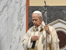 Pope Leo XIV prays during a Mass at Sant’Anselmo Church, located at a Benedictine monastery on the Aventine Hill in Rome, on Nov. 11, 2025.