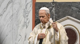 Pope Leo XIV prays during a Mass at Sant’Anselmo Church, located at a Benedictine monastery on the Aventine Hill in Rome, on Nov. 11, 2025.