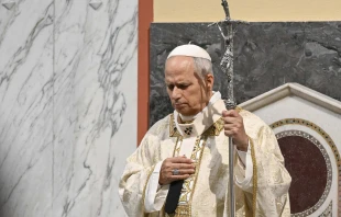 Pope Leo XIV prays during a Mass at Sant’Anselmo Church, located at a Benedictine monastery on the Aventine Hill in Rome, on Nov. 11, 2025. Credit: Vatican Media