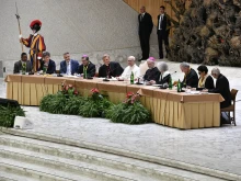 Pope Leo XIV speaks to participants in the Jubilee of Synodal Teams and Participatory Bodies on Oct. 24, 2025, in the Paul VI Audience Hall at the Vatican.