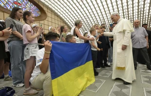 Pope Leo XIV meets with Ukrainian children who were welcomed by Caritas Italy during the summer on July 3, 2025, at the Vatican. Credit: Vatican Media