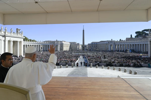 Pope Leo XIV greets pilgrims gathered in St. Peter’s Square for his general audience on Wednesday, Nov. 5, 2025, at the Vatican. Credit: Vatican Media