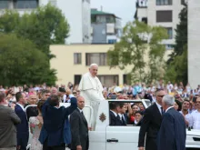 Pope Francis greets crowds in Tirana, Albania on Sept. 21. 