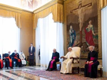 Pope Francis meets with Vatican journalists on Nov. 13, 2021.