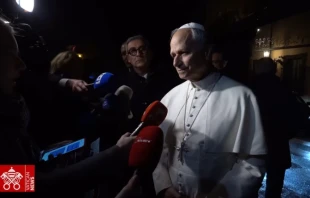 Pope Leo XIV answers questions from journalists as he leaves the papal residence of Castel Gandolfo on Tuesday, Nov. 18, 2025. Credit: Video capture/Vatican Media