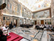 Pope Leo XIV receives members of the Religious of Jesus and Mary, founded by St. Claudine Thévenet, and the Missionary Sisters of St. Charles Borromeo, known as the Scalabrinians, in the consistory hall at the Vatican on Nov. 6, 2025.
