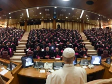 Pope Leo XIV meets with bishops on Sept. 11, 2025, at the Vatican.