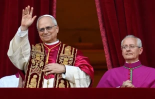 Pope Leo XIV looks out from the central balcony of St. Peter’s Basilica after his election on May 8, 2025. Credit: Vatican Media