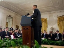 President Obama speaks at a press conference marking his first 100 days in office. 