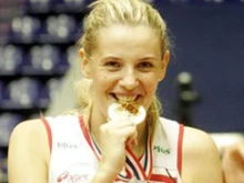 Agata Mroz celebrating a win in volleyball
