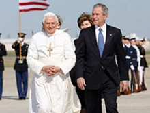 President Bush welcoming Pope Benedict to the U.S. in April