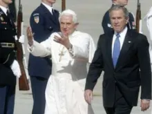 Pope Benedict greets a cheering crowd as he is welcomed to the U.S.