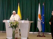 Pope Benedict XVI speaks at the airport welcoming ceremony in near Paphos, Cyprus.