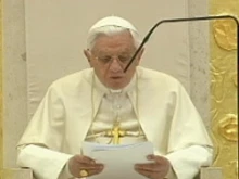 Pope Benedict XVI speaks to social workers at the Church of the Most Holy Trinity.