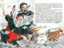 A page from the book showing the bishop, mufti and rabbi in a tossle