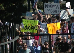 Demonstrators outside of the Mormon temple in Los Angeles. Photo ?w=200&h=150