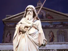 The statue of St. Paul in front of the Basilica of St. Paul Outside the Walls in Rome