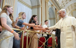 Pope Leo XIV greets a group of catechumens from France during an audience on July 29, 2025, at the Vatican. Credit: Vatican Media