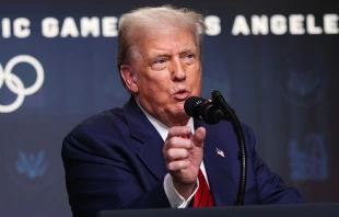 President Donald Trump speaks to reporters in the South Court Auditorium in the Eisenhower Executive Office Building on Aug. 5, 2025, in Washington, D.C. Credit: Win McNamee/Getty Images