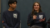 Ezequiel Ponce, a high school senior from Downey, California (left), and Elise Wing, a senior from Waterloo, Iowa (right), speak at a press conference following their digital dialogue with Pope Leo XIV on Nov. 21, 2025.