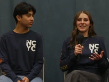 Ezequiel Ponce, a high school senior from Downey, California (left), and Elise Wing, a senior from Waterloo, Iowa (right), speak at a press conference following their digital dialogue with Pope Leo XIV on Nov. 21, 2025.