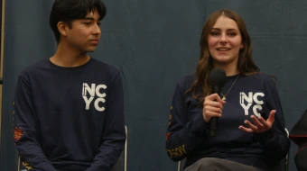 Ezequiel Ponce, a high school senior from Downey, California (left), and Elise Wing, a senior from Waterloo, Iowa (right), speak at a press conference following their digital dialogue with Pope Leo XIV on Nov. 21, 2025.