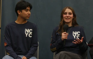 Ezequiel Ponce, a high school senior from Downey, California (left), and Elise Wing, a senior from Waterloo, Iowa (right), speak at a press conference following their digital dialogue with Pope Leo XIV on Nov. 21, 2025. Credit: Jonah McKeown/National Catholic Register