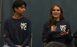 Ezequiel Ponce, a high school senior from Downey, California (left), and Elise Wing, a senior from Waterloo, Iowa (right), speak at a press conference following their digital dialogue with Pope Leo XIV on Nov. 21, 2025.