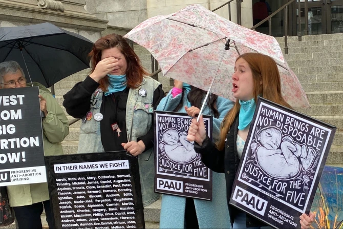 Progressive Anti-Abortion Uprising holds a protest outside the office of District of Columbia mayor Muriel Bowser, April 7, 2022.