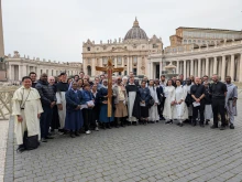 Jubilee of Hope pilgrims outside St. Peter’s Basilica, the final destination of their St. Philip Neri’s Seven Churches Pilgrimage, Monday, April 14, 2025.