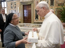 Pope Leo XIV receives members of various religious congregations on Thursday, Sept. 18, 2025, at the Vatican.