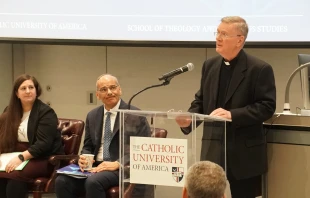 Carmelite Father Craig Morrison speaks on a panel about Jewish-Catholic relations at The Catholic University of America on Nov. 11, 2025. Credit: Madalaine Elhabbal/CNA