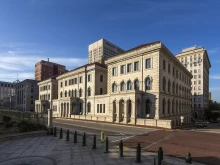 The Court of Federal Appeals (Lewis F. Powell Courthouse) and the skyline of Richmond, Virginia, from the foot of the Virginia Capitol grounds, Richmond, Virginia.