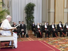 Pope Francis speaks at the opening of the 93rd judicial year of the Vatican City State courts on March 12, 2022