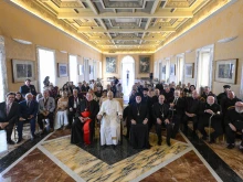 Pope Leo XIV meets with a U.S. ecumenical group led by Cardinal Joseph Tobin and Greek Orthodox Archbishop Elpidophoros of America on July 17, 2025, at the Vatican, encouraging them to “return to the roots of our faith” in their pilgrimage to Italy and Turkey.