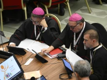 Delegates vote to approve a synthesis report at the conclusion of the Synod on Synodality on Oct. 28, 2023.