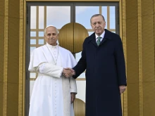 Pope Leo XIV with Turkish President Recep Tayyip Erdoğan in Ankara, Turkey, on Nov. 27, 2025.