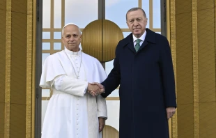 Pope Leo XIV with Turkish President Recep Tayyip Erdoğan in Ankara, Turkey, on Nov. 27, 2025. Credit: Vatican Media