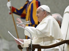 Pope Francis delivers his catechesis during the jubilee audience in the Paul VI Hall on Feb. 1, 2025.