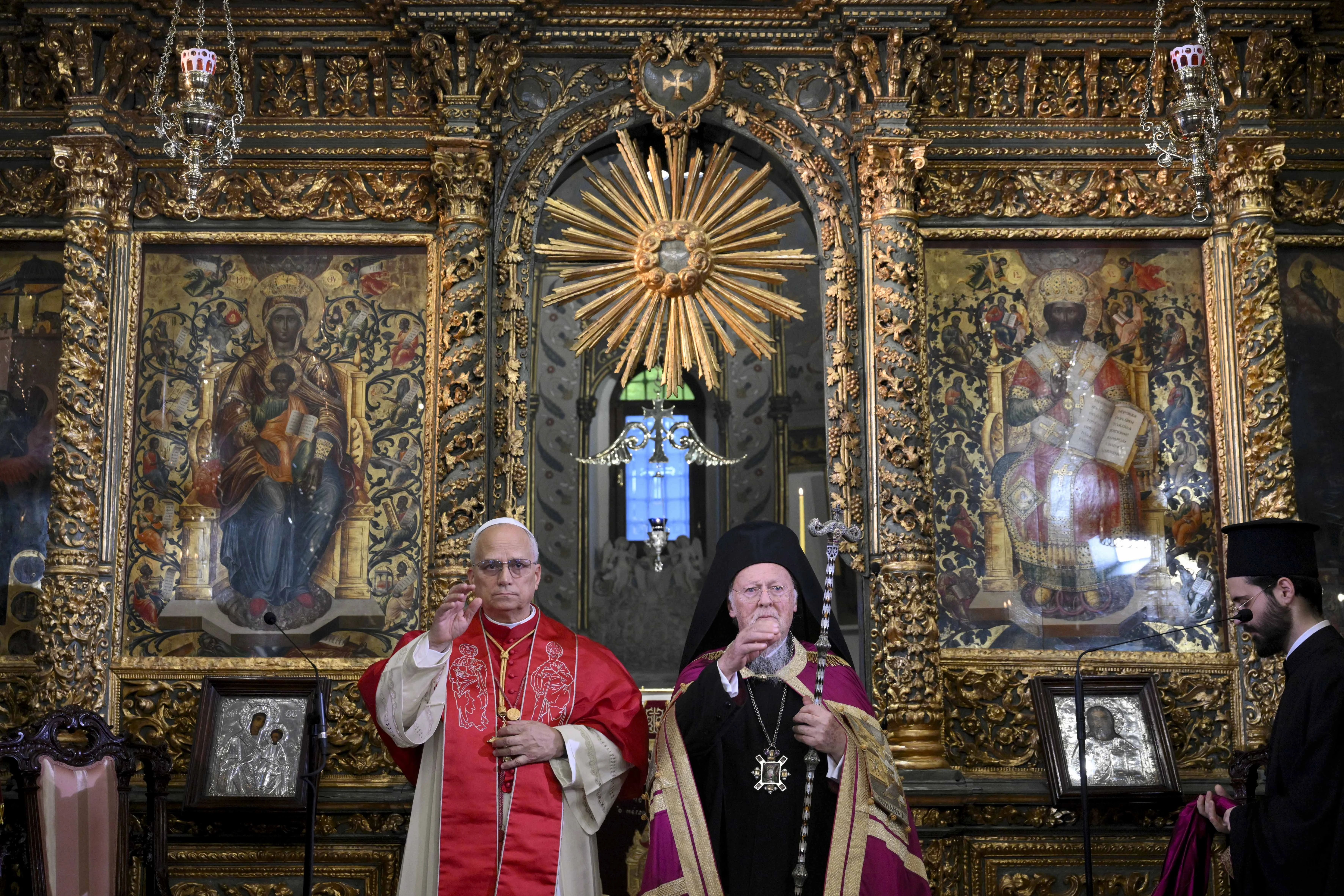 Pope Leo XIV and Ecumenical Patriarch Bartholomew I prayed together at the Patriarchal Church of St. George in Istanbul, Turkey, on Nov. 29, 2025. | Credit: Vatican Media.