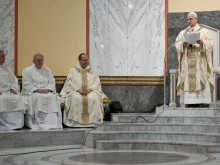 Pope Leo XIV celebrates Mass at Sant’Anselmo Church in Rome on Nov. 11, 2025, for the 125th anniversary of the church’s consecration. Sant’Anselmo Church is part of a residential college and offices of the Benedictine Confederation, the governing body of the Order of St. Benedict.