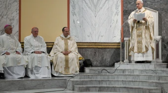 Pope Leo XIV celebrates Mass at Sant’Anselmo Church in Rome on Nov. 11, 2025, for the 125th anniversary of the church’s consecration. Sant’Anselmo Church is part of a residential college and offices of the Benedictine Confederation, the governing body of the Order of St. Benedict.