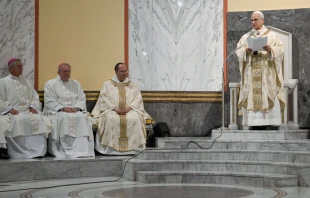 Pope Leo XIV celebrates Mass at Sant’Anselmo Church in Rome on Nov. 11, 2025, for the 125th anniversary of the church’s consecration. Sant’Anselmo Church is part of a residential college and offices of the Benedictine Confederation, the governing body of the Order of St. Benedict. Credit: Vatican Media
