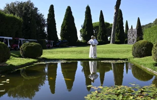 Pope Leo XIV feeds fish during the Sept. 5, 2025, inauguration of Borgo Laudato Si’, an ecological village on the papal estate of Castel Gandolfo, 18 miles south of Rome. Credit: Vatican Media