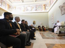 Pope Leo XIV addresses the steering committee of the Catholic Biblical Federation at the Vatican on Nov. 17, 2025.